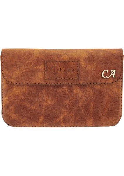 Isme Özel Çıtçıtlı Küçük El Çantası - %100 Rainbow Deri - AC14001 - Camel