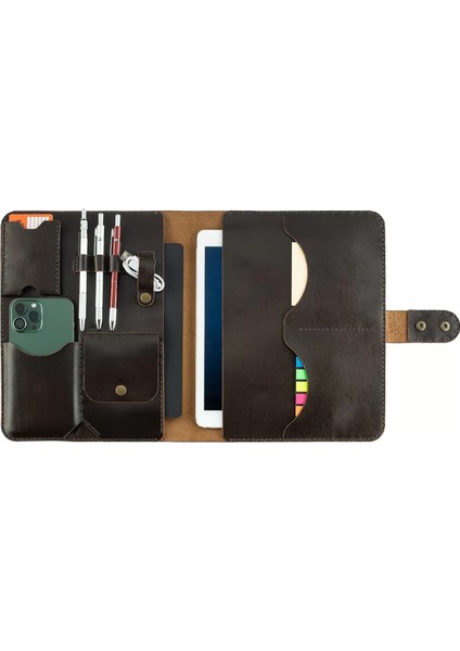 Isme Özel Çıtçıtlı Fonksiyonlu iPad Organizer - %100 Tiesto Deri - ET01003 - Koyu Kahverengi