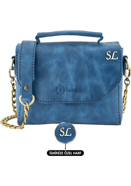 Isme Özel Çıtçıtlı Zincirli Küçük Boy El Omuz Çantası - %100 Deri - AC03001 - Saks Mavisi