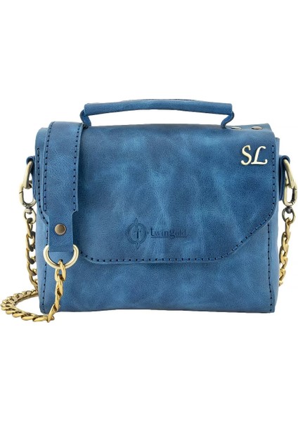 Isme Özel Çıtçıtlı Zincirli Küçük Boy El Omuz Çantası - %100 Deri - AC03001 - Saks Mavisi fiyatları