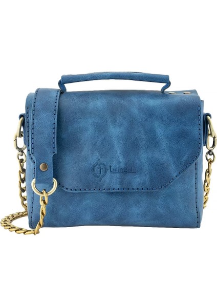Isme Özel Çıtçıtlı Zincirli Küçük Boy El Omuz Çantası - %100 Deri - AC03001 - Saks Mavisi modelleri