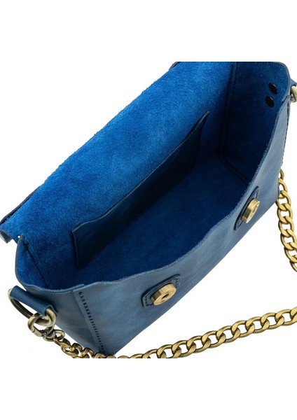 Isme Özel Çıtçıtlı Zincirli Küçük Boy El Omuz Çantası - %100 Deri - AC03001 - Saks Mavisi indirimleri
