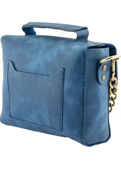 Isme Özel Çıtçıtlı Zincirli Küçük Boy El Omuz Çantası - %100 Deri - AC03001 - Saks Mavisi