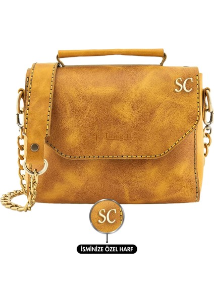 Isme Özel Çıtçıtlı Zincirli Küçük Boy El Omuz Çantası - %100 Deri - AC03001 - Hardal Sarısı