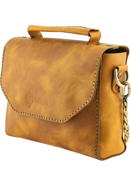 Isme Özel Çıtçıtlı Zincirli Küçük Boy El Omuz Çantası - %100 Deri - AC03001 - Hardal Sarısı fırsatları
