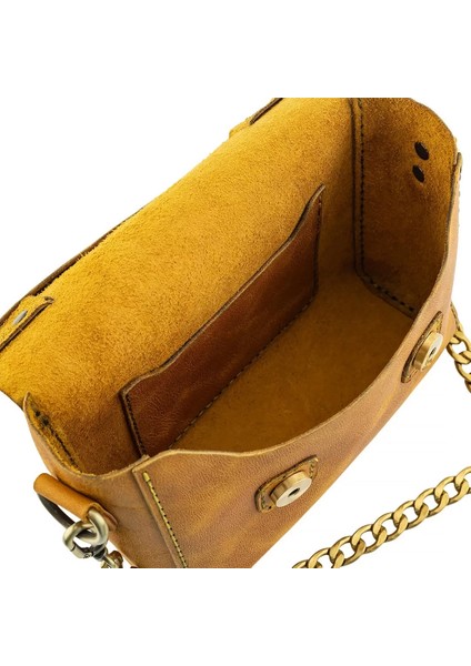 Isme Özel Çıtçıtlı Zincirli Küçük Boy El Omuz Çantası - %100 Deri - AC03001 - Hardal Sarısı indirimleri