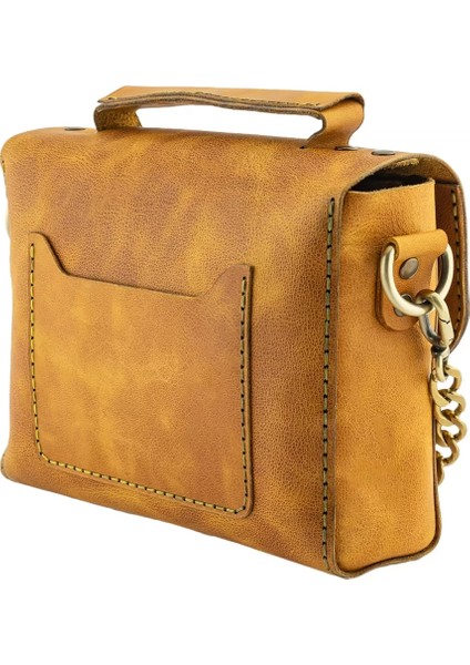 Isme Özel Çıtçıtlı Zincirli Küçük Boy El Omuz Çantası - %100 Deri - AC03001 - Hardal Sarısı