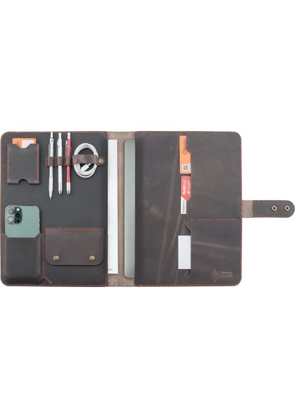 Isme Özel Çıtçıtlı Fonksiyonlu Macbook Organizer - %100 Crazy Deri - ET02004 - Kahverengi