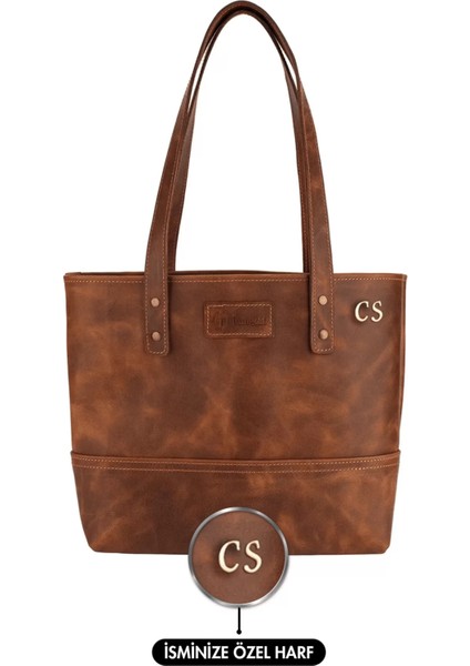 Isme Özel Tote Bag El Omuz Çantası - %100 Rainbow Deri - AC03003 - Kahverengi