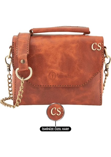 Isme Özel Çıtçıtlı Zincirli Küçük Boy El Omuz Çantası - %100 Deri - AC03001 - Tobacco
