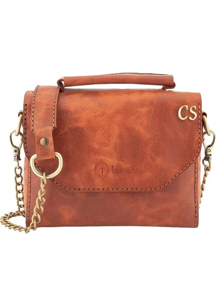 Isme Özel Çıtçıtlı Zincirli Küçük Boy El Omuz Çantası - %100 Deri - AC03001 - Tobacco fiyatları