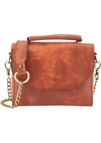 Isme Özel Çıtçıtlı Zincirli Küçük Boy El Omuz Çantası - %100 Deri - AC03001 - Tobacco modelleri