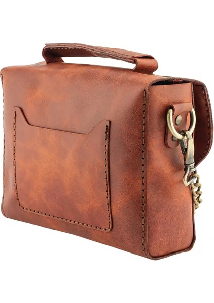 Isme Özel Çıtçıtlı Zincirli Küçük Boy El Omuz Çantası - %100 Deri - AC03001 - Tobacco