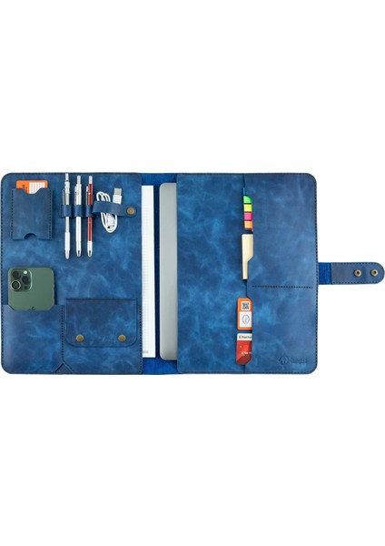 Isme Özel Çıtçıtlı Fonksiyonlu Macbook Organizer - %100 Rainbow Deri - ET02001 - Saks Mavisi