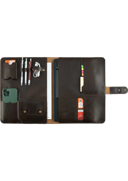 Isme Özel Çıtçıtlı Fonksiyonlu Macbook Organizer - %100 Tiesto Deri - ET02003 - Koyu Kahverengi