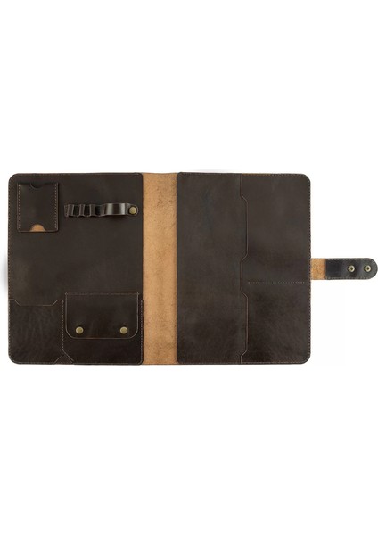 Isme Özel Çıtçıtlı Fonksiyonlu Macbook Organizer - %100 Tiesto Deri - ET02003 - Koyu Kahverengi