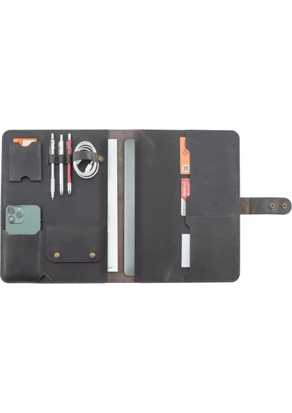 Isme Özel Çıtçıtlı Fonksiyonlu Macbook Organizer - %100 Crazy Deri - 11" (11 Inç) - ET02004 - Antrasit