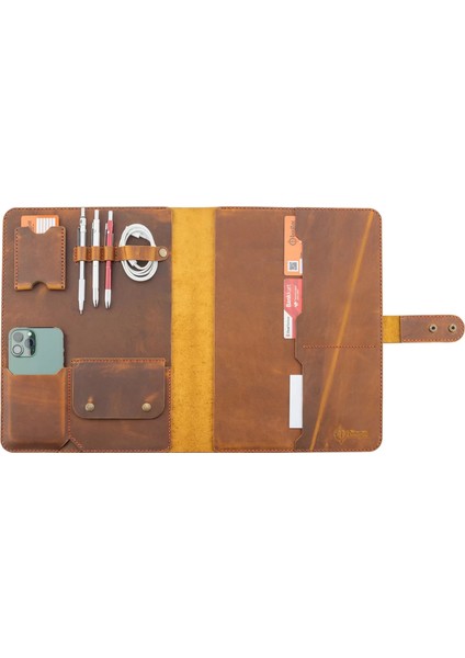 Isme Özel Çıtçıtlı Fonksiyonlu Macbook Organizer - %100 Crazy Deri - ET02004 - Taba