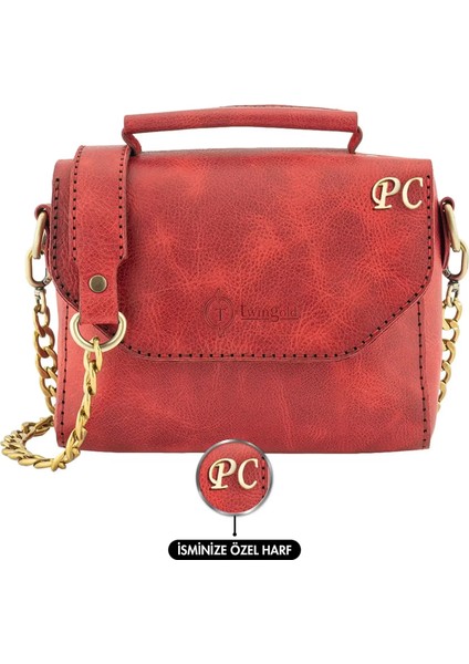Isme Özel Çıtçıtlı Zincirli Küçük Boy El Omuz Çantası - %100 Deri - AC03001 - Kırmızı