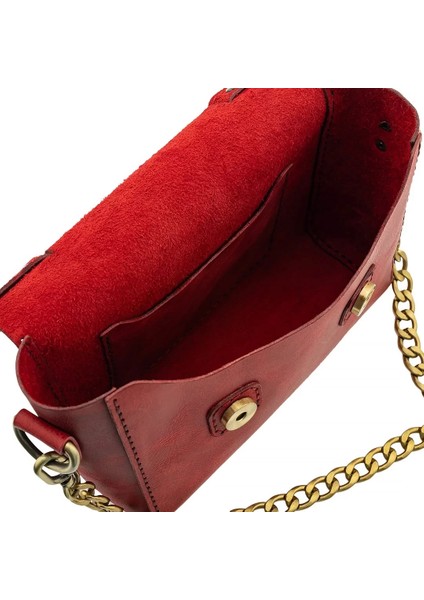 Isme Özel Çıtçıtlı Zincirli Küçük Boy El Omuz Çantası - %100 Deri - AC03001 - Kırmızı indirimleri