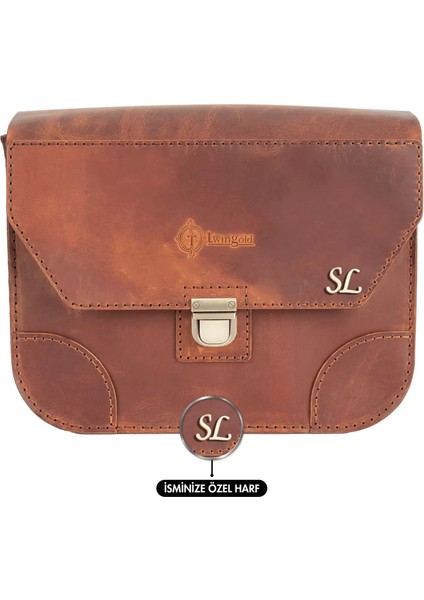 Isme Özel Günlük Orta Boy Omuz Çantası - %100 Crazy Deri - AC03002 - Taba