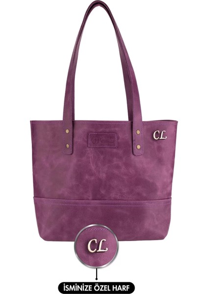 Isme Özel Tote Bag El Omuz Çantası - %100 Rainbow Deri - AC03003 - Mor