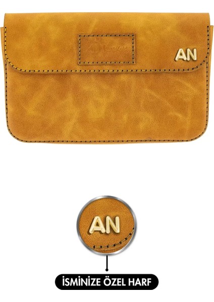 Isme Özel Çıtçıtlı Küçük El Çantası - %100 Rainbow Deri - AC14001 - Hardal Sarısı