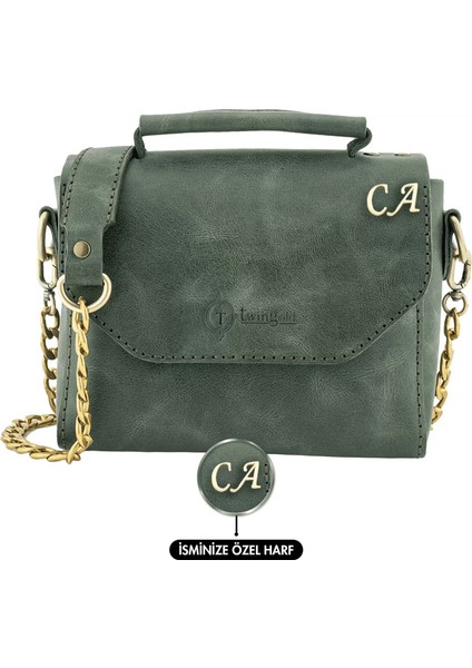Isme Özel Çıtçıtlı Zincirli Küçük Boy El Omuz Çantası - %100 Deri - AC03001 - Haki