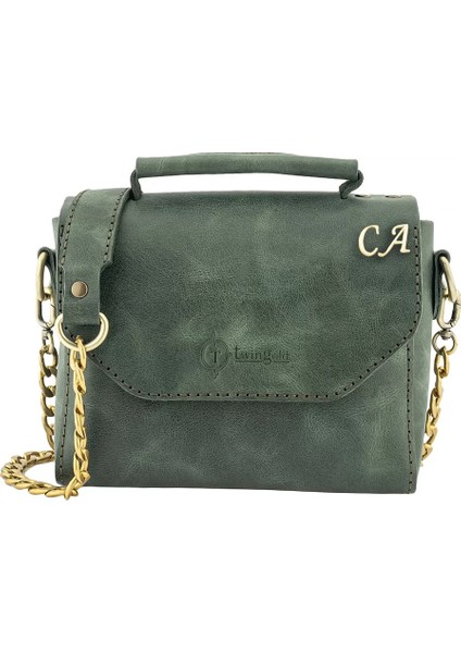 Isme Özel Çıtçıtlı Zincirli Küçük Boy El Omuz Çantası - %100 Deri - AC03001 - Haki fiyatları