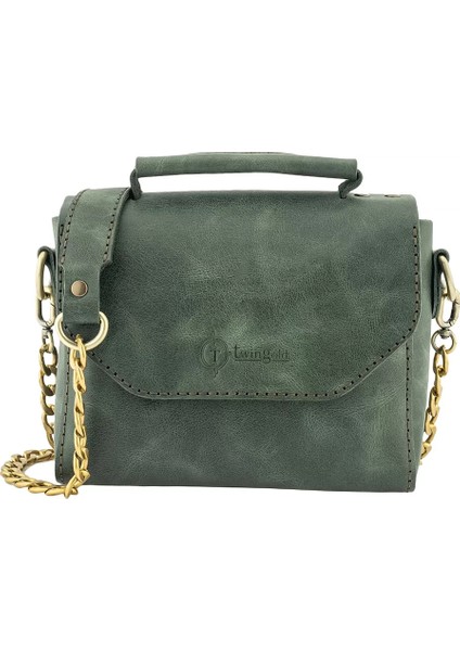 Isme Özel Çıtçıtlı Zincirli Küçük Boy El Omuz Çantası - %100 Deri - AC03001 - Haki modelleri