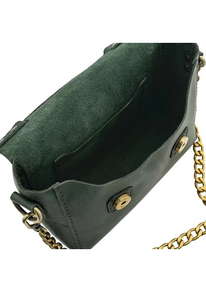 Isme Özel Çıtçıtlı Zincirli Küçük Boy El Omuz Çantası - %100 Deri - AC03001 - Haki indirimleri