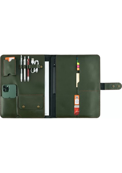 Isme Özel Çıtçıtlı Fonksiyonlu Macbook Organizer - %100 Tiesto Deri - ET02003 - Haki