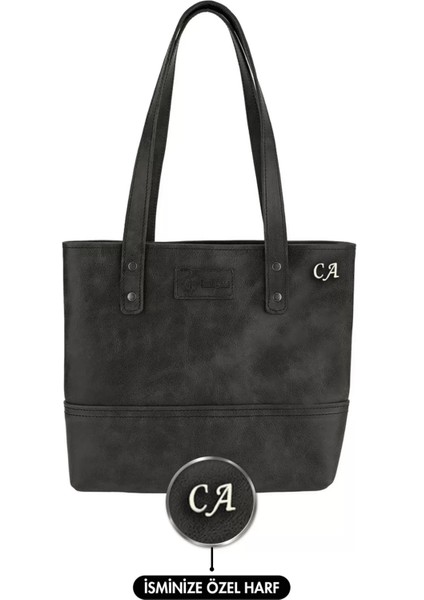 Isme Özel Tote Bag El Omuz Çantası - %100 Rainbow Deri - AC03003 - Antrasit