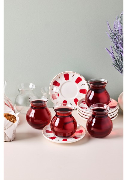 17898 Filiz 12 Parça 6 Kişilik Çay Seti Borosilikat Cam Tombik Bardak ve Porselen Çay Tabağı Takımı 210 ml