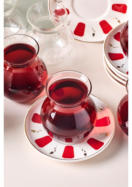 17898 Filiz 12 Parça 6 Kişilik Çay Seti Borosilikat Cam Tombik Bardak ve Porselen Çay Tabağı Takımı 210 ml