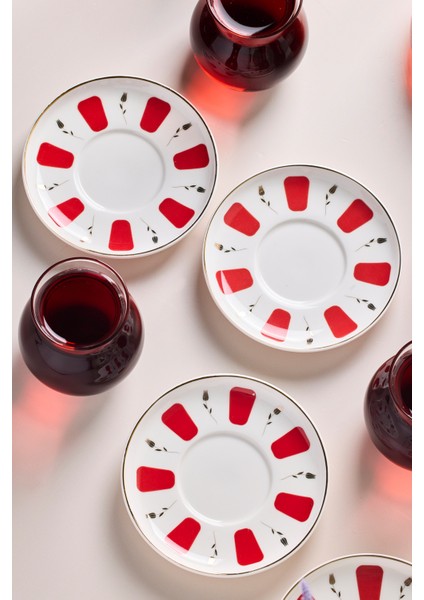 17898 Filiz 12 Parça 6 Kişilik Çay Seti Borosilikat Cam Tombik Bardak ve Porselen Çay Tabağı Takımı 210 ml