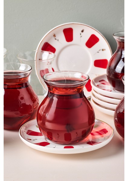 17898 Filiz 12 Parça 6 Kişilik Çay Seti Borosilikat Cam Tombik Bardak ve Porselen Çay Tabağı Takımı 210 ml