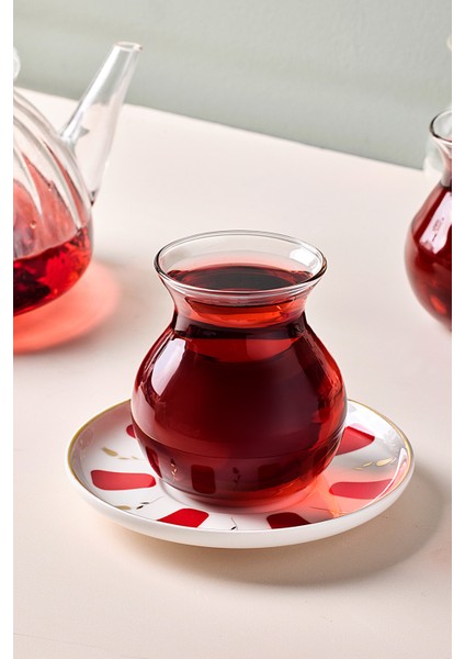 17898 Filiz 12 Parça 6 Kişilik Çay Seti Borosilikat Cam Tombik Bardak ve Porselen Çay Tabağı Takımı 210 ml