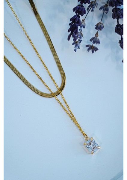 Baget Taşlı Altın Renk Italyan Bakla Zincirli Kadın Çelik Kolye - Lisinya - 98610201-1923 modelleri