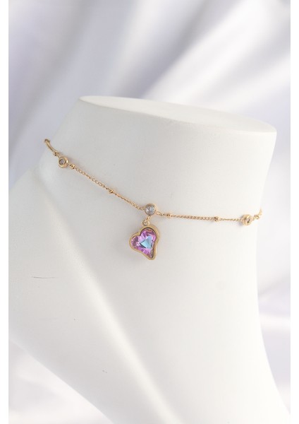 316L Çelik Gold Renk Renkli Zirkon Taşlı Kalp Halhal - Lisinya