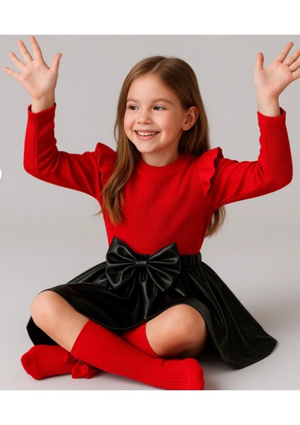 Kız Bebek Çocuk Deri Etek Omuz Fırfırlı Kırmızı Badi Fiyonklu Çorap Seti