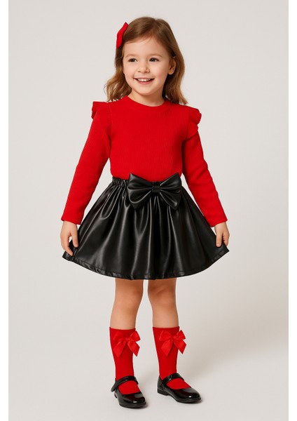 Kız Bebek Çocuk Deri Etek Omuz Fırfırlı Kırmızı Badi Fiyonklu Çorap Seti