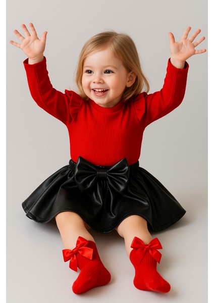 Kız Bebek Çocuk Deri Etek Omuz Fırfırlı Kırmızı Badi Fiyonklu Çorap Seti