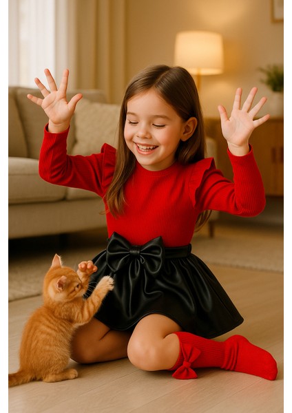 Kız Bebek Çocuk Deri Etek Omuz Fırfırlı Kırmızı Badi Fiyonklu Çorap Seti