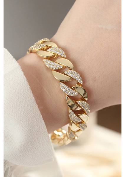 Bfs Vip Seri Pirinç Zirkon Taşlı Gold Renk Gurmet Bileklik