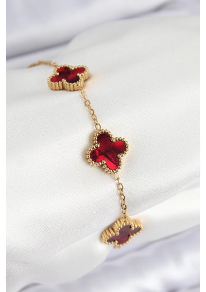 Bfs 316L Çelik Sedefli Kırmızı Gold Renk Yonca Kadın Bileklik