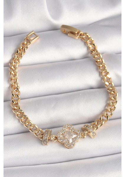 Bfs Pirinç Gold Renk Zirkon Taşlı Yonca Figür Zincir Model Kadın Bileklik