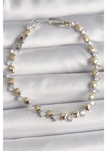 Bfs Pirinç Gümüş Renk Zirkon Taşlı Gold Kalpli Vıp Seri Kadın Bileklik