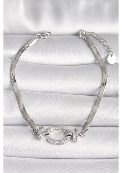 Bfs 316L Çelik Gümüş Renk Italyan Zincir Model Zirkon Taşlı Halka Figür Kadın Bileklik