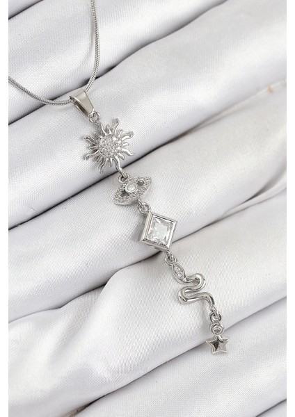 Bfs 316L Çelik Zirkon Taşlı Güneş ve Ay Enerji Model Gümüş Renk Kadın Kolye